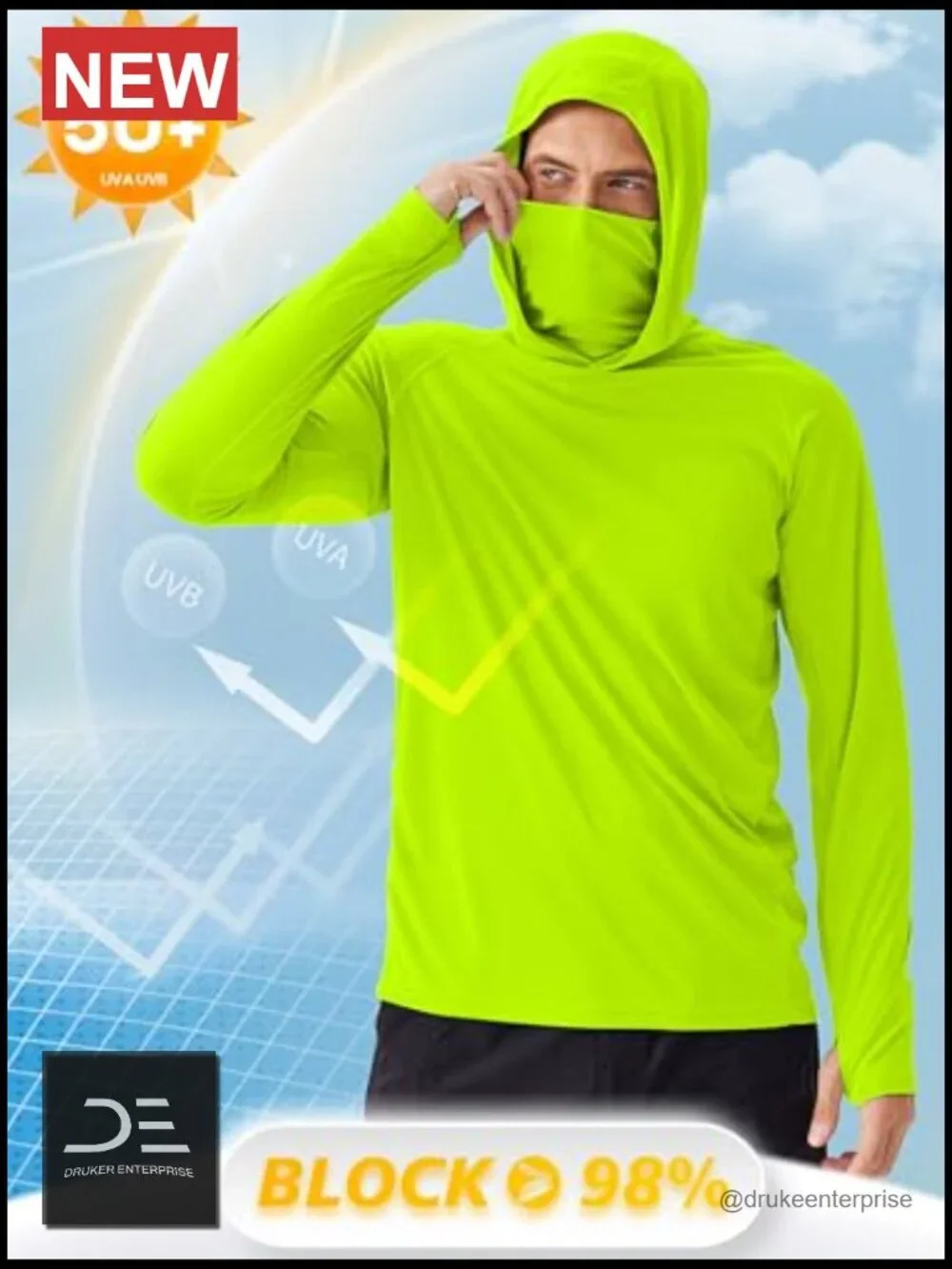 Men's UPF 50+ Sun Protection Hoodie Rash Guard Long Sleeve Fishing Hiking Shirt